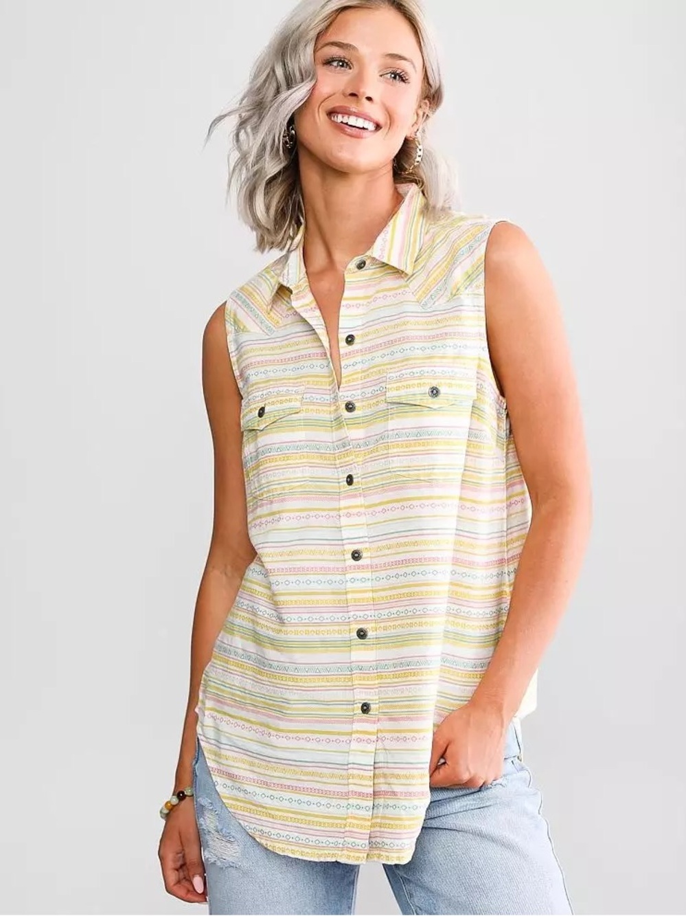 Ariat Jasmine Shirt Sleeveless Striped Button-Front Top in Yellow - Picture 4 of 11
